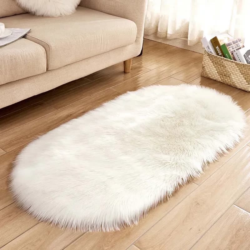 High-Quality Ellipse Soft Faux Sheepskin Fur Chair Cushion Area Rugs for Bedroom Floor Shaggy Silky Plush Carpet Bedside Mat