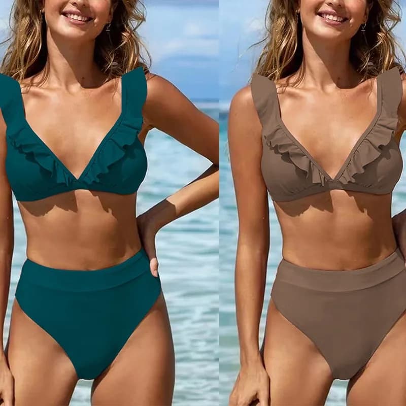 Nuovo costume da bagno bikini diviso in tinta unita per costume da bagno multicolore plissettato da donna
