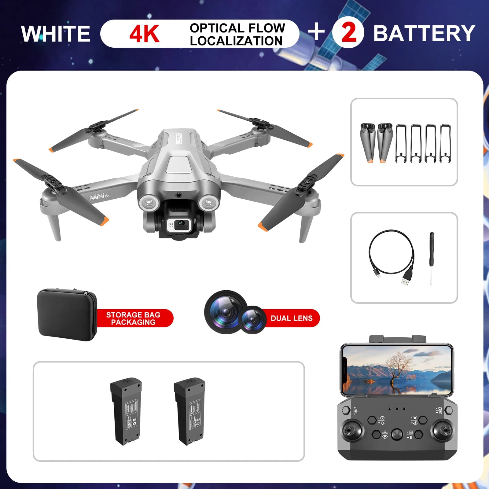 Mini4 Drone con Telecamera Aerea Professionale 4K 1080P, 2.4G, Flusso Ottico, Wifi FPV, Quadricottero RC Pieghevole con Evitamento Ostacoli