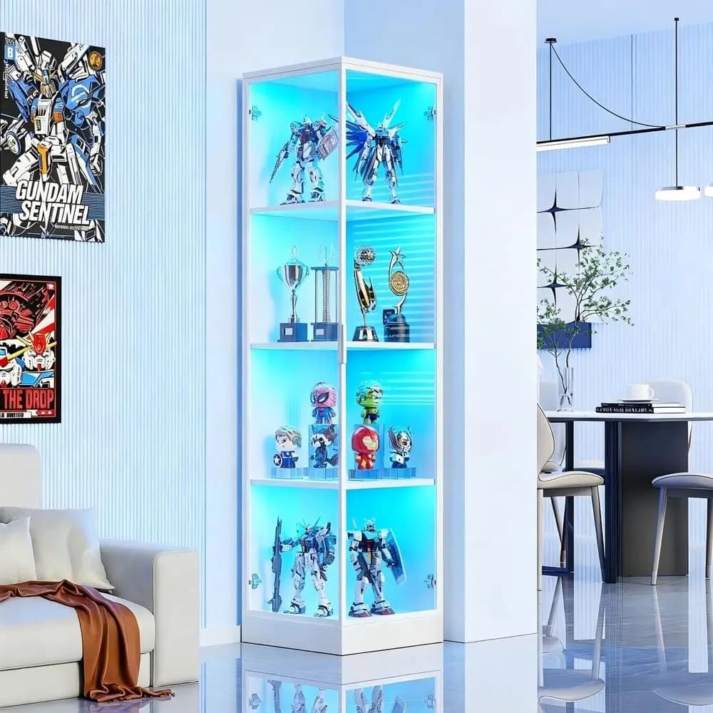 Illuminated 4-Tier Display Cabinet with Door for Collectibles, White, 15.7 Wide