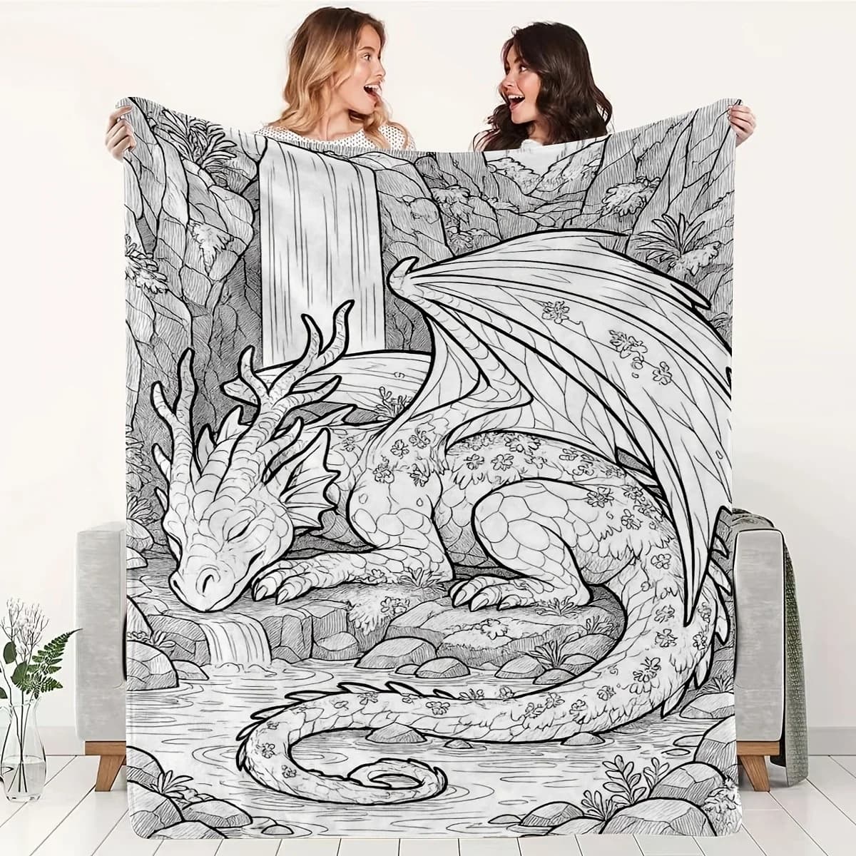 Chinese Style Sleeping Dragon Line Art Flannel Blanket, Ultra-Soft Lightweight for Sofa Bed, Great Dragon Lovers Coloring Gift