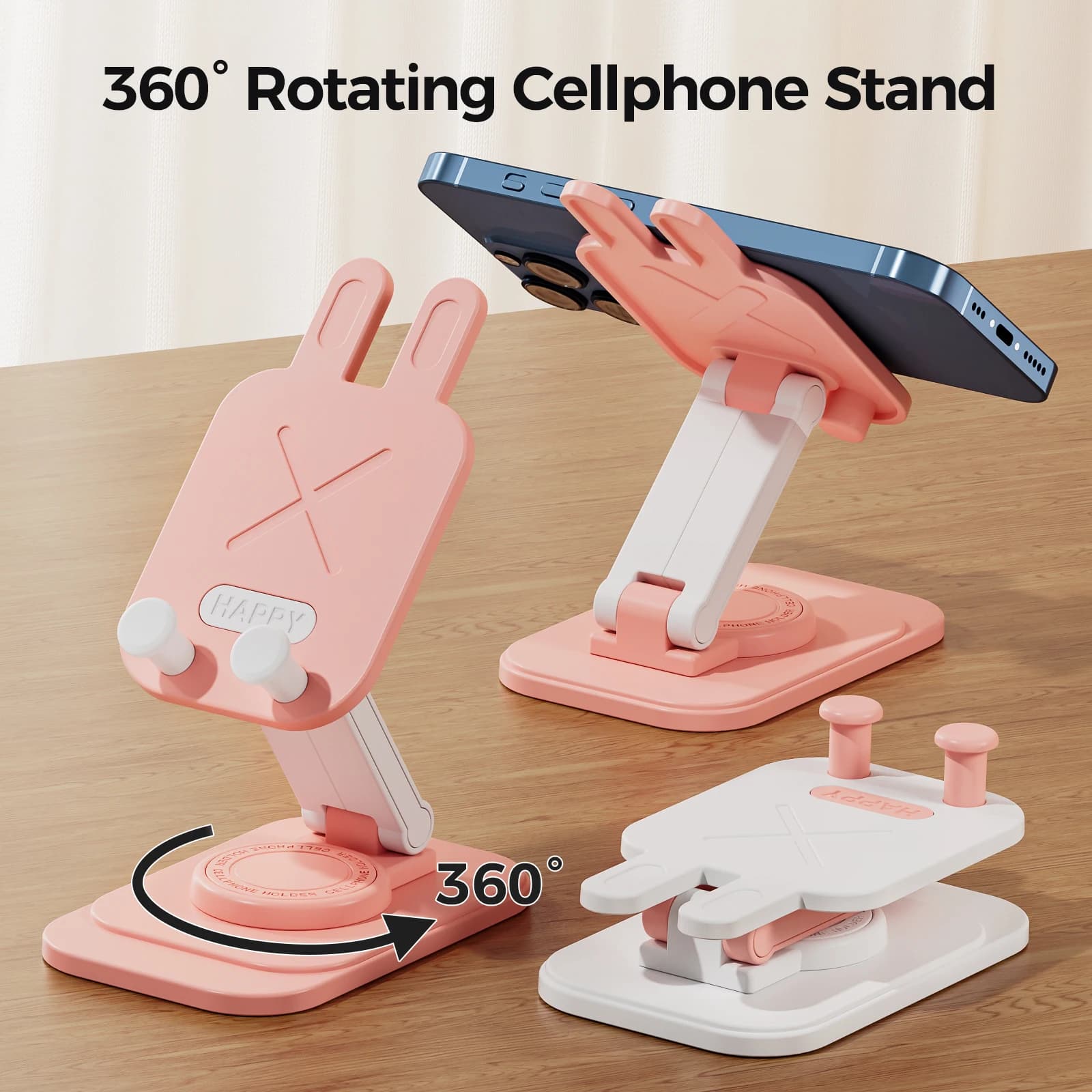 Supporto per telefono pieghevole e girevole a forma di coniglio, decorazione creativa da scrivania, supporto regolabile per iPhone e Samsung