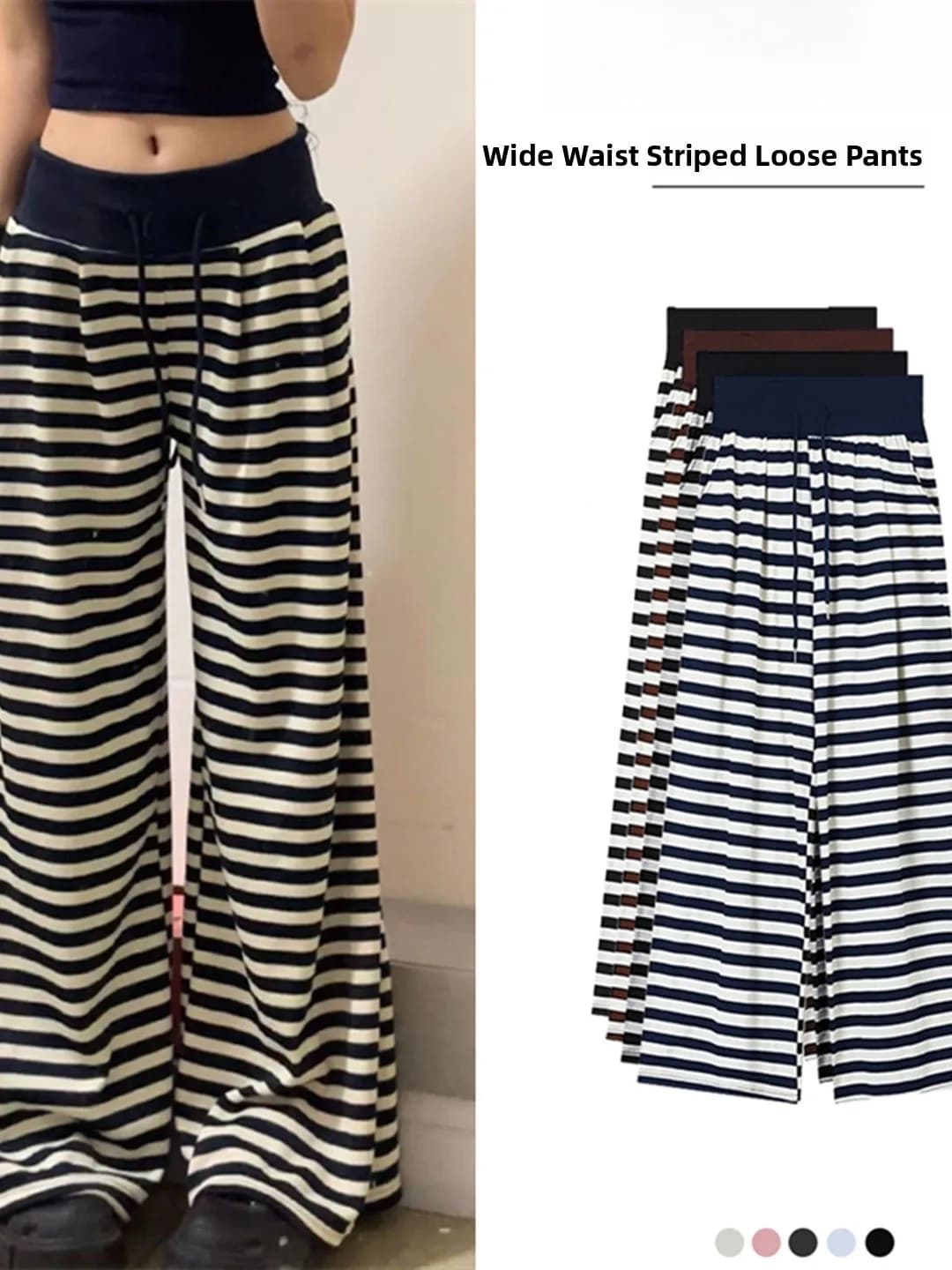 High Waist Slim Wide Leg Pants Women Casual Striped Loose Fit Straight Cut Trousers plus Size Conceal Flattering Spring Autumn