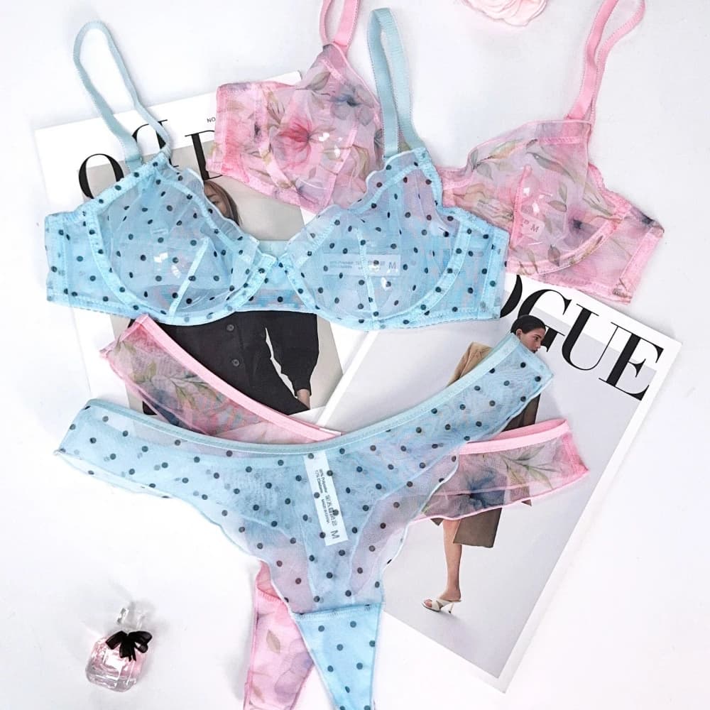 French Ultra Thin Lingerie Set Sexy Lace Floral Prints Bra Summer Dot Women Underwear Mesh Breathable Leopard Bras Thong Set