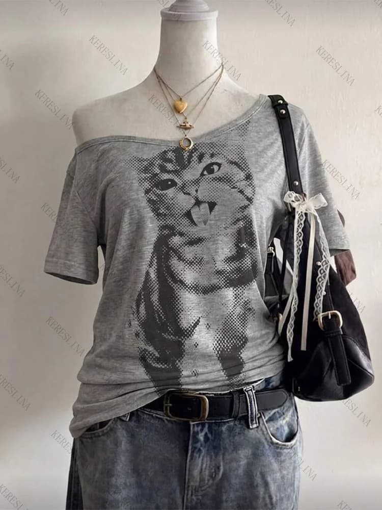 Y2K women's loose T-shirt hip-hop rock punk American retro Harajuku fashion versatile summer shoulder-sleeved women T-shirt emo