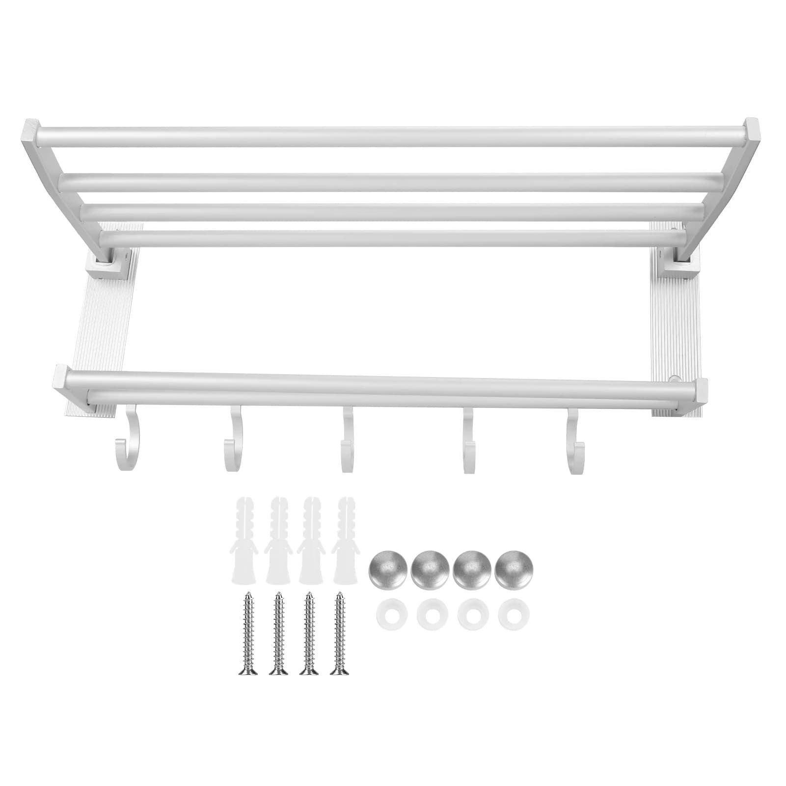 Mensola per Doccia Pieghevole 40cm in Alluminio Portasciugamani e Appendiabiti con 5 Ganci Argento Accessorio Bagno Organizzatore Portaoggetti