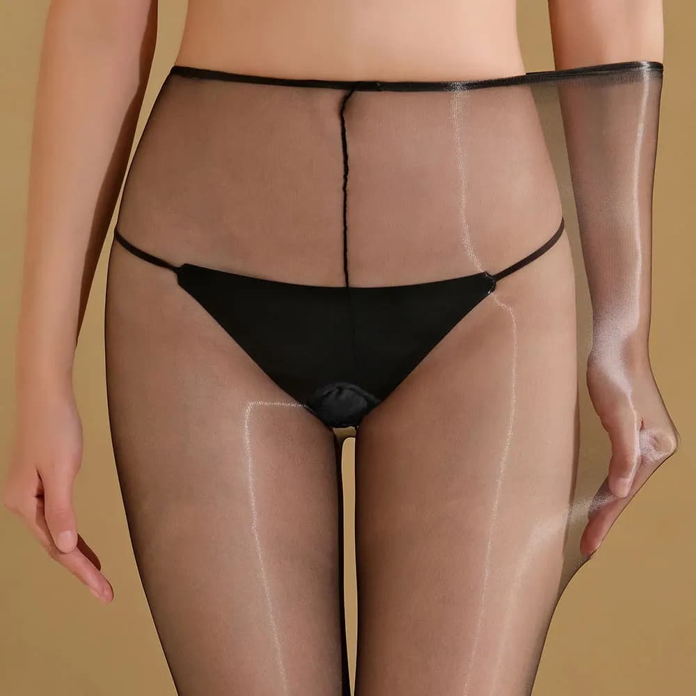 Collant 1D a vita alta da donna, ultra-sottili, lucidi, effetto olio, trasparenti, sexy, in seta, con cavallo aperto