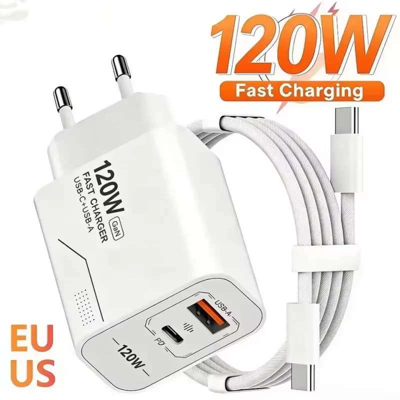 120W 2-Port GaN Type C Charger USB-C Fast Charging Wall Adapter US/EU Plug Phone Charger For iPhone Samsung Xiaomi New
