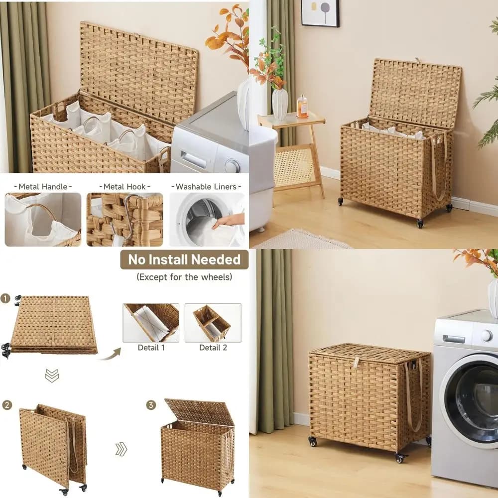Basket with wheels of 130L to 3 sections with lid, removable inner bags and mesh bags, natural color