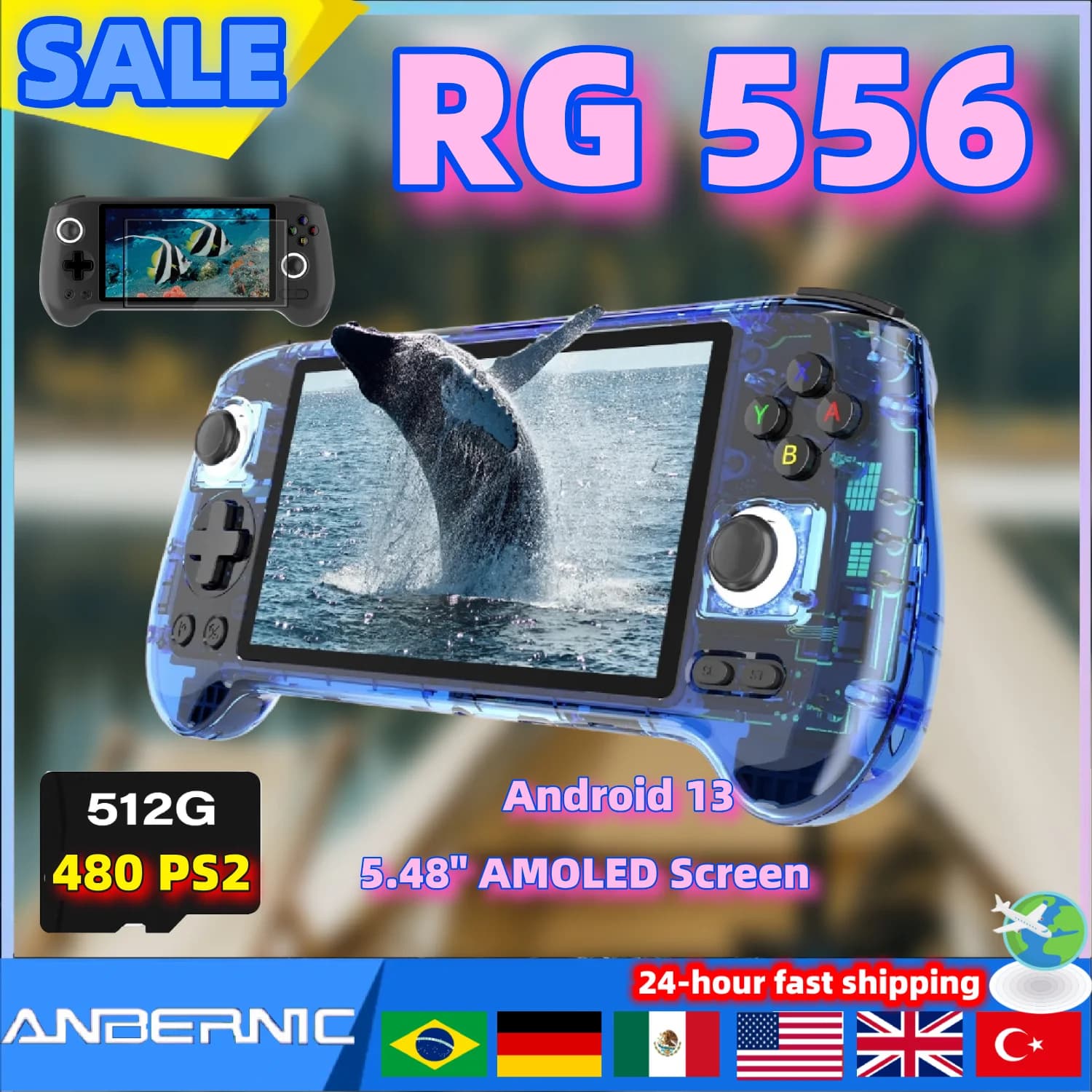 ANBERNIC RG556 Lettore di videogiochi retrò Sistema Android 13 Schermo AMOLED da 5,48 pollici T820 Console di gioco portatile RG 556 PSP PS2 CALDO