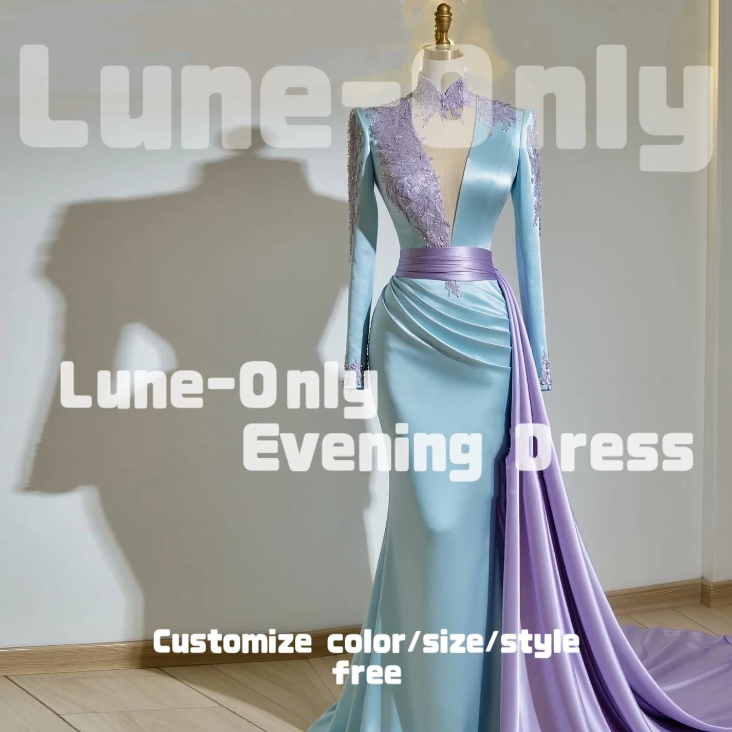 Abito da sera da donna elegante con applicazioni in raso lilla azzurro personalizzato, maniche lunghe, abito da ballo per occasioni formali