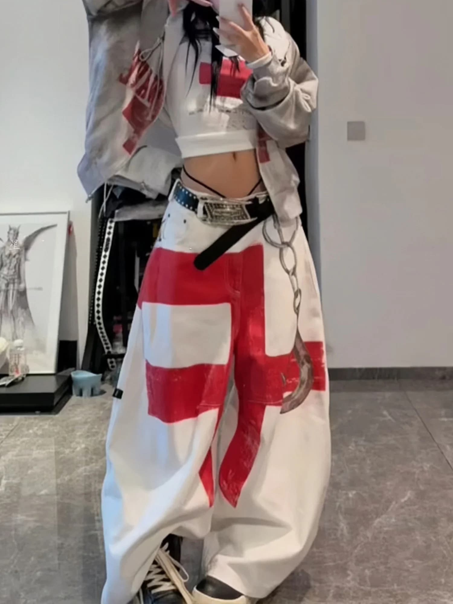 Jeans da donna stile americano Hot Girl, design accattivante, stampa color block, con ganci decorativi, gamba larga, lunghezza maxi