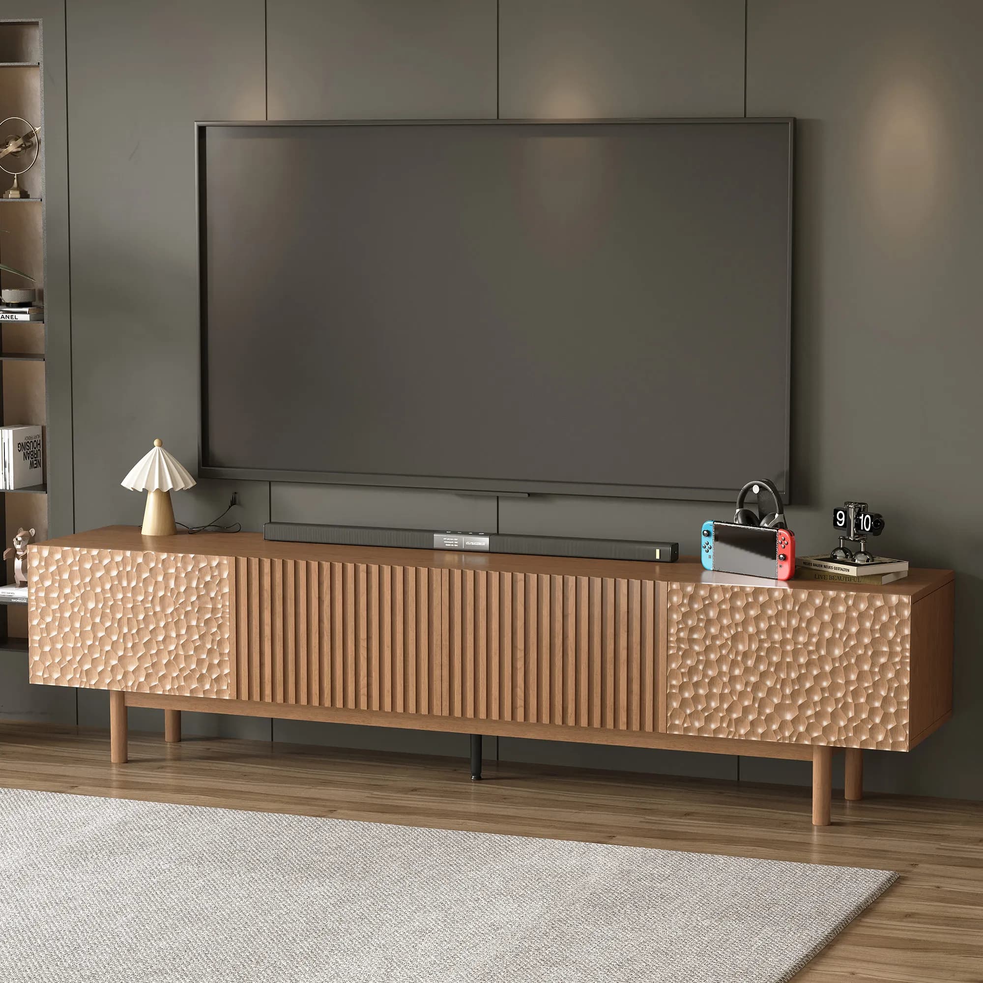 Centro di intrattenimento per supporto TV moderno Mid-Century da 81 pollici, console multimediale con design di gestione dei cavi in finitura noce.