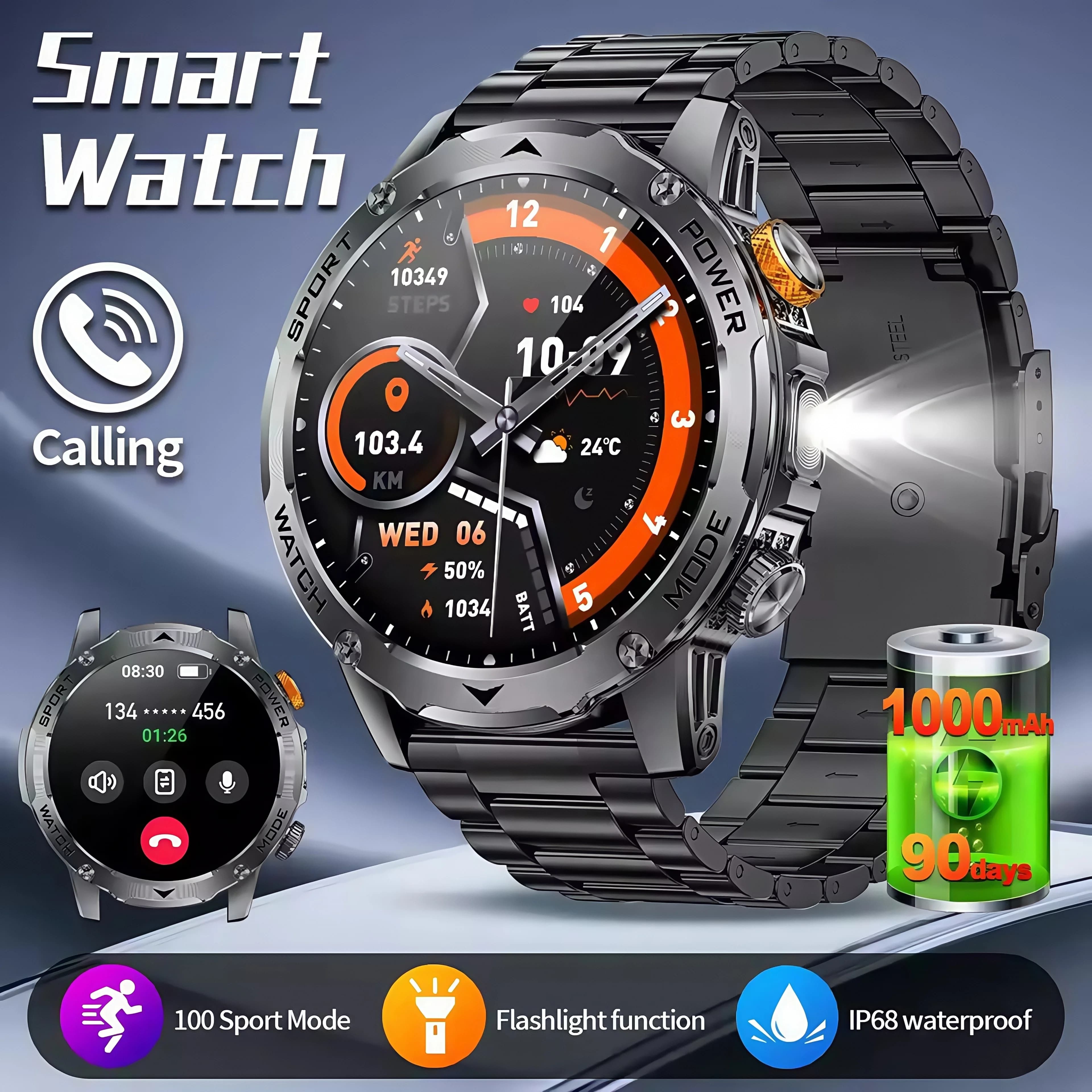 AK87 Smart Watch esterno 1000mah 1.7 "HD Grande schermo 100+ Sport BT Chiamata Torcia Bussola Fitcloudpro IP68 SOS Smartwatch