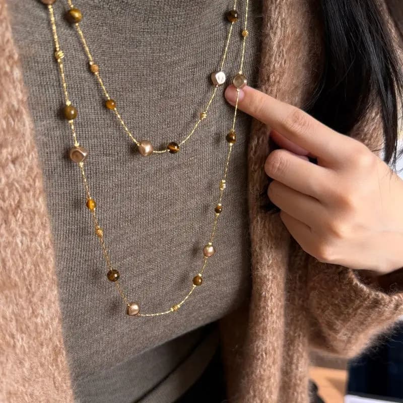 Autumn and Winter Long Tiger Eye Stone Pearl Beads Long Sweater Chain For Women's Popular Necklace 2026 New Jewelry Accessories