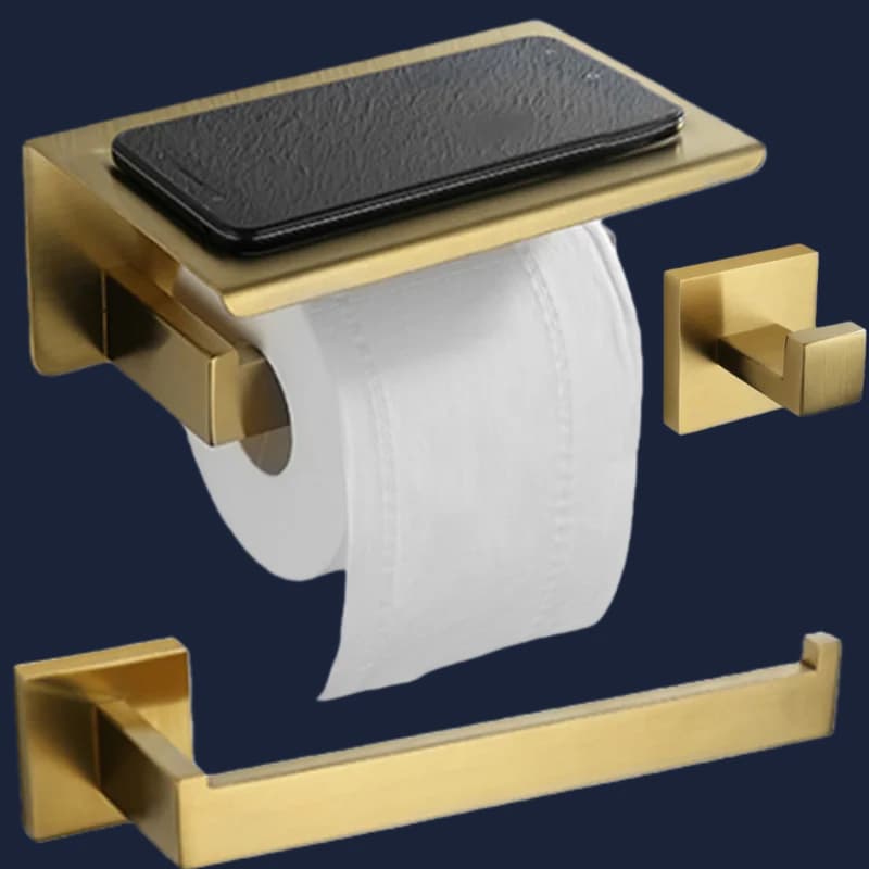 Set Accessori Bagno Oro Spazzolato: Porta Scopino, Porta Carta Igienica, Porta Asciugamani, Ganci, Porta Sapone, Accessori Hardware