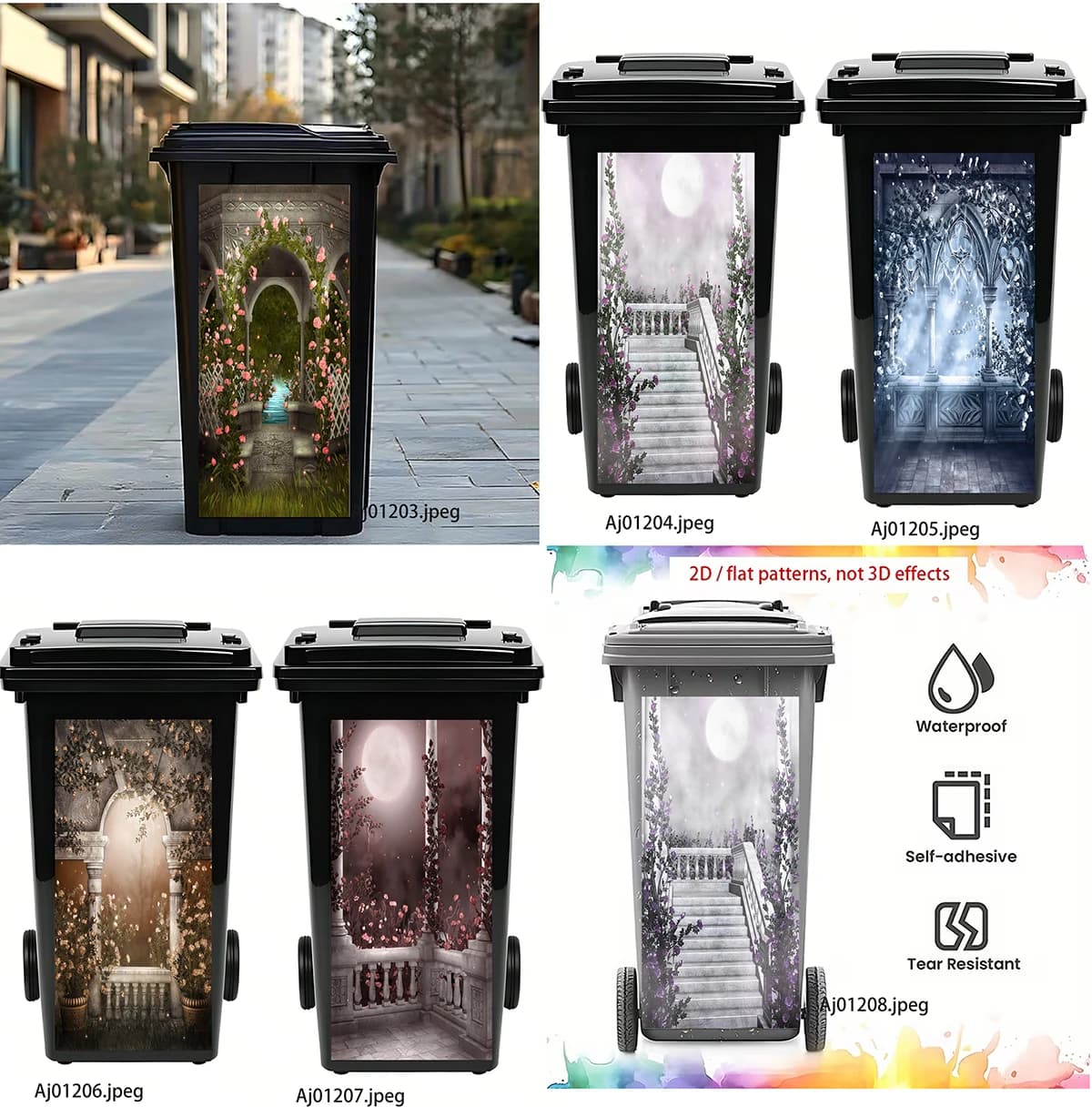 Dreamy Moon Flower Garden Trash Can Sticker Waterproof Self Adhesive Tear Resistant Wheel Bin Decal Outdoor Home Landscape Decor