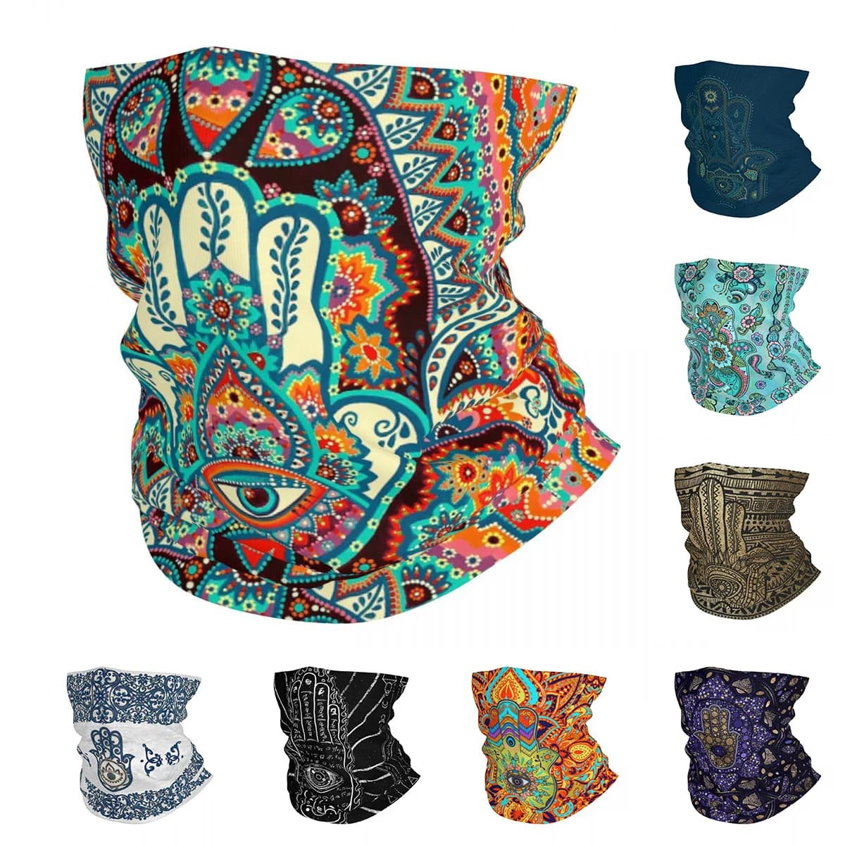 Hamsa Mano Bohemian Bandana Ghetta per il collo Stampata Hippie Mandala Paisley Boho Maschera Sciarpa Passamontagna Sport all'aria aperta Adulto Antivento