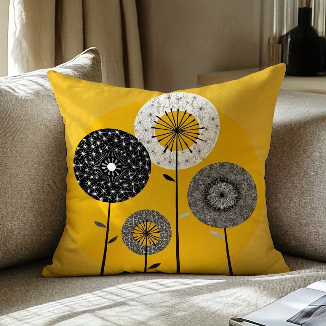 1pc Geometric Dandelion Pillow Cover, Polyester 2D Double-Sided Print, Modern Yellow & Black Dandelion Floral Art, Boho Home Dec