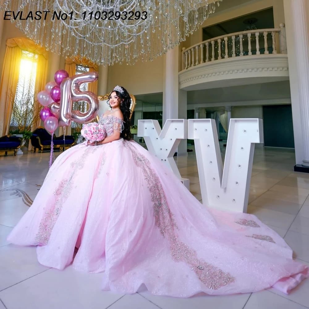 EVLAST Personalizzato 2026 Rosa Lucido Abito Quinceanera Abito di Sfera Applique di Pizzo In Rilievo di Cristallo Dolce 16 Abiti Da 15 Anos E1QN564