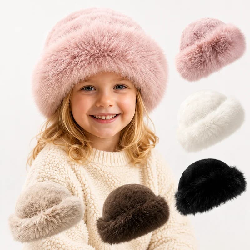 Kids Faux Fur Mongolian Hat Winter Warm Windproof Plush Earflap Hat Soft Thickened Bucket Cap for Boys Girls Children Winter Hat