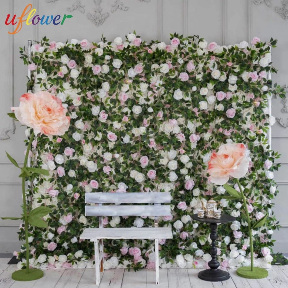 Uflower luxury pink White rose Peony green leaf fabric artificial flower wall Green plants outdoor wedding background decoration