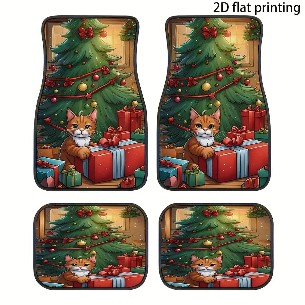 4pcs Car Floor Mats, Christmas Tree Gift With Cat Pattern, Made Of Polyester Fiber, Universal Car Mats, Automotive Decorative Ad
