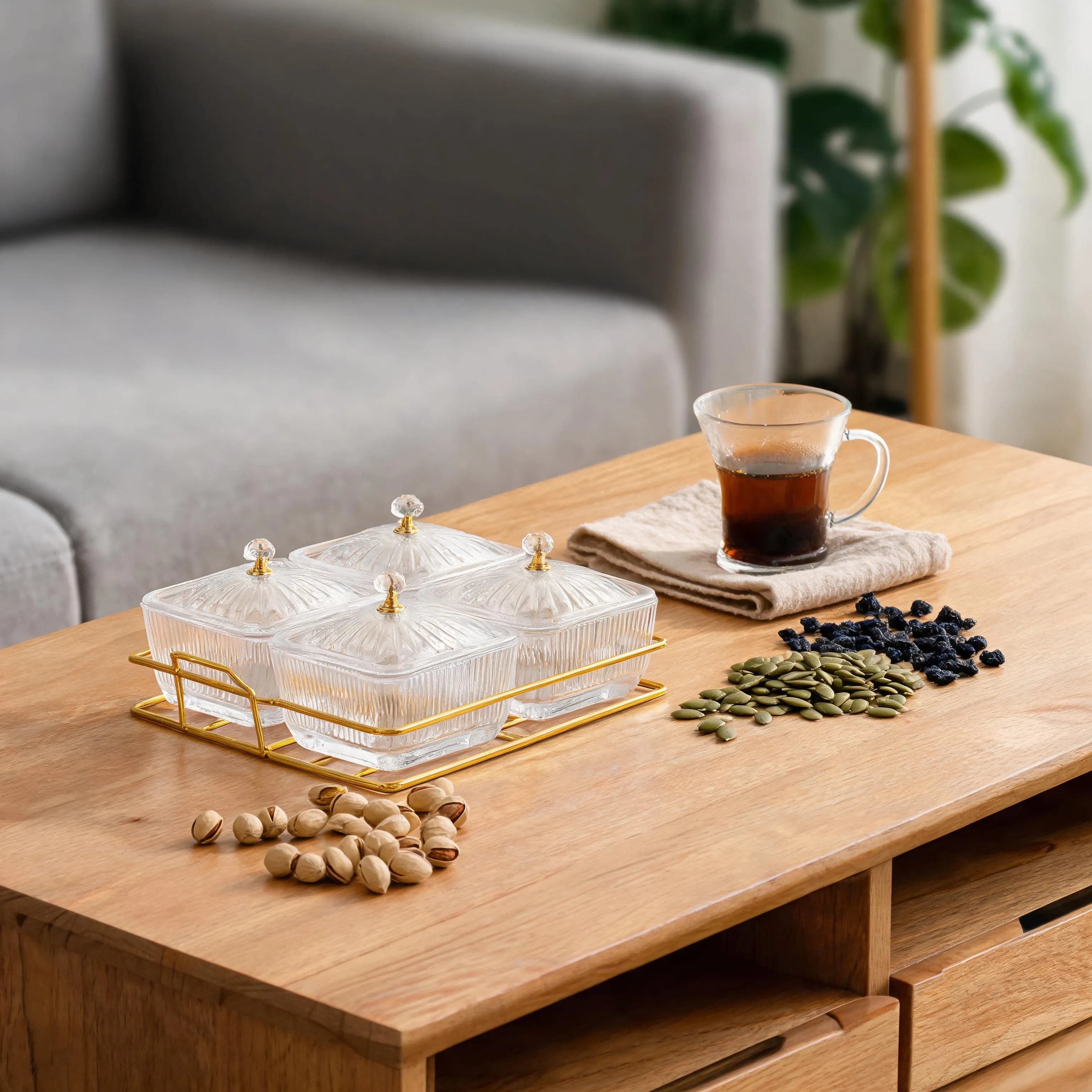 Multi Compartment Spice Storage Box Set Plastic Gold Finish for Dry Goods Nuts Spices Herbs 21x19x10cm with Shelf