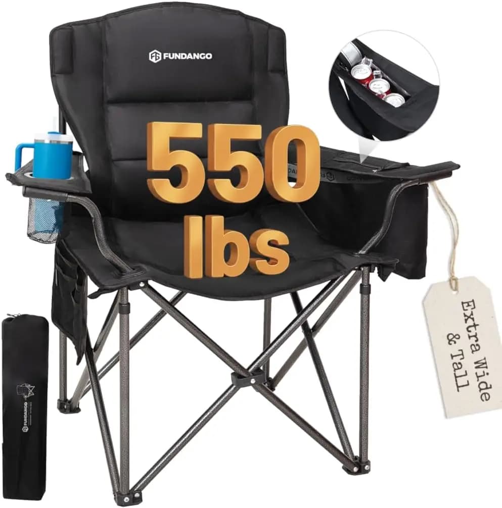 Sedia da campeggio oversize per adulti, sedia pieghevole portatile resistente con seduta e schienale imbottiti, supporto lombare, borsa termica e porta bicchieri