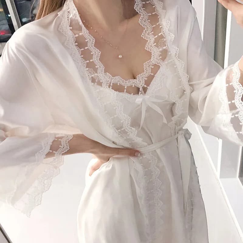 Abito da sposa da sposa Set Dot Fiore di pizzo Camicia da notte Lady Bianco 2 pezzi Camicia da notte e abito da notte Indumenti da notte Pigiama in raso Kimono Accappatoio