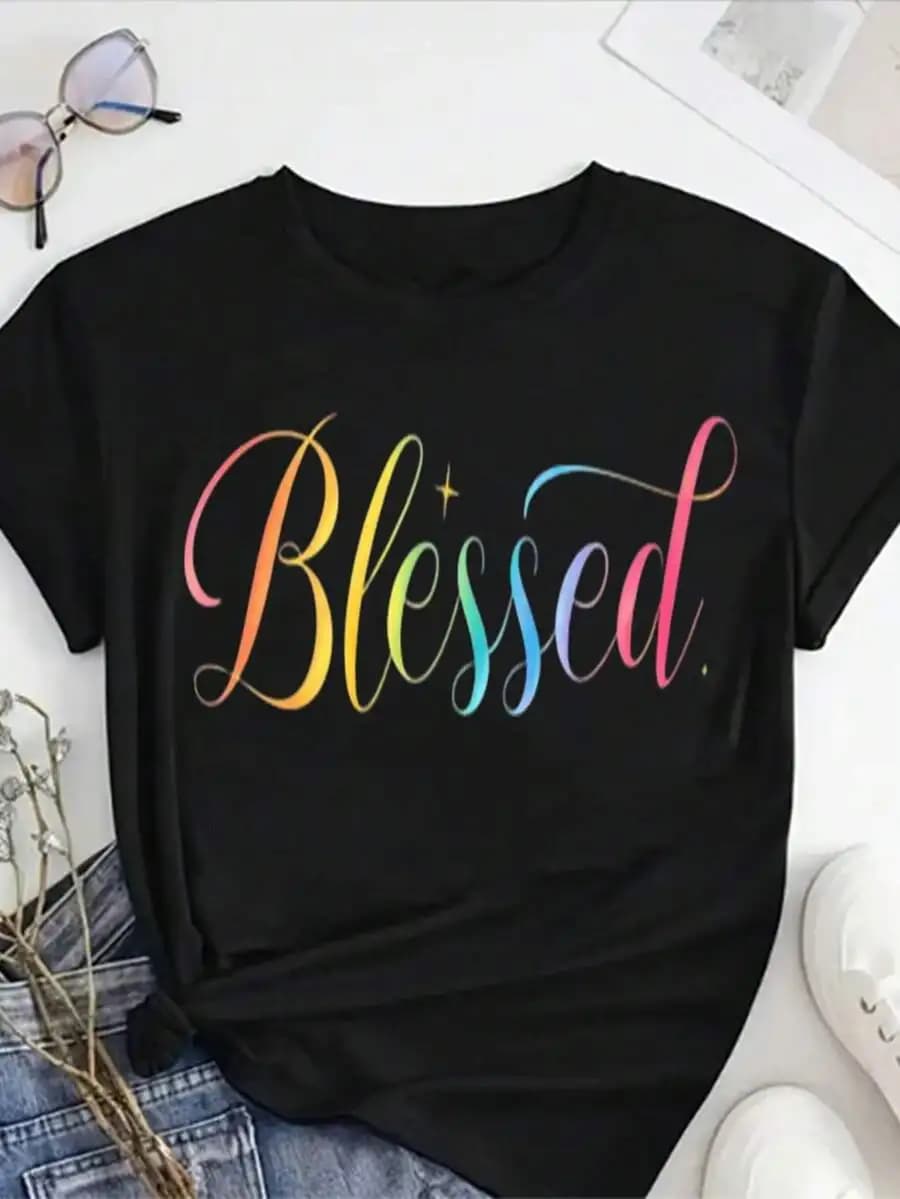 Oversize Womens Round Neck T-Shirt With Rainbow Gradient Blessed Print Casual Short Sleeve Top