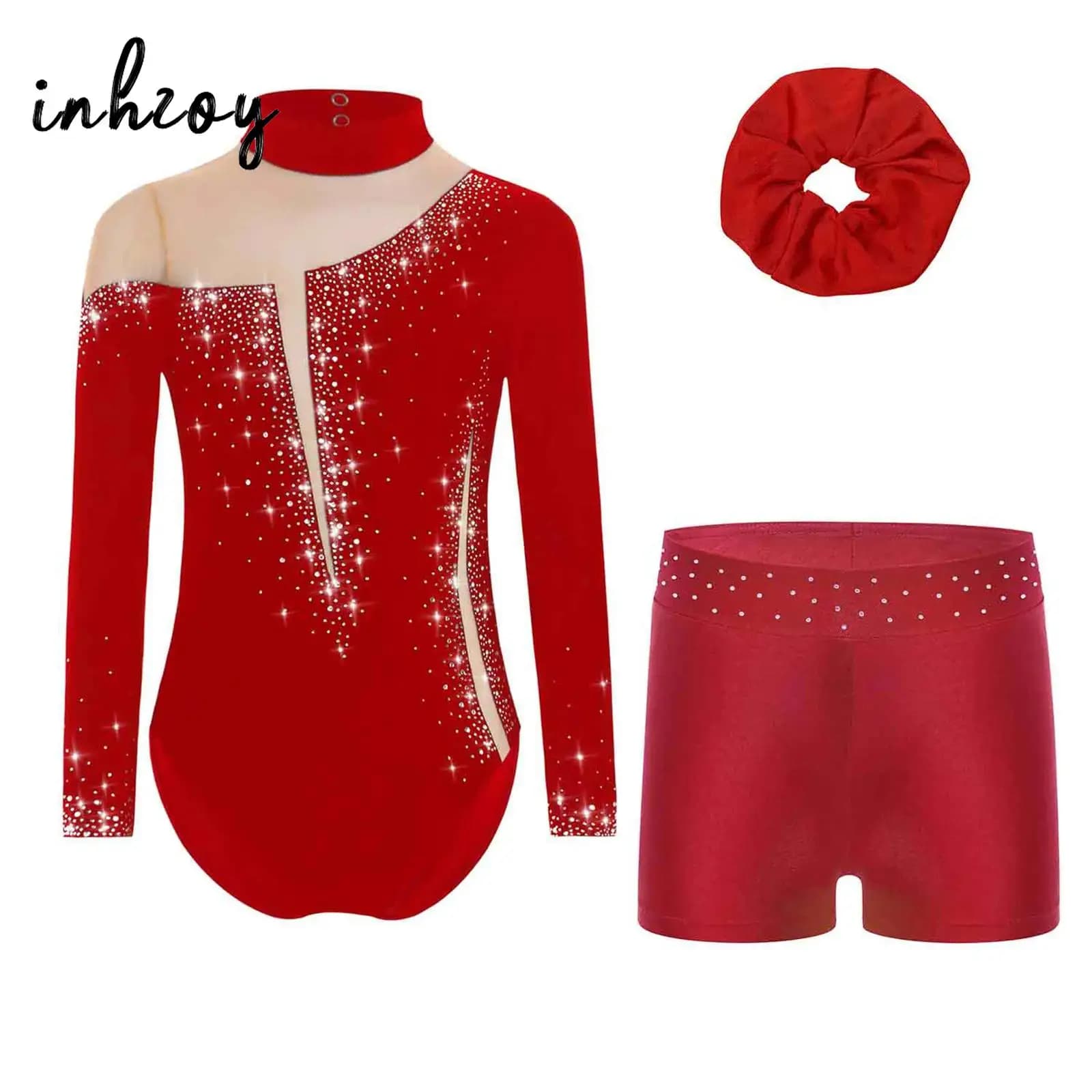 Body per bambina, pattinaggio di figura, ginnastica, danza, body, manica lunga, strass, body da balletto con pantaloncini e fascia per capelli