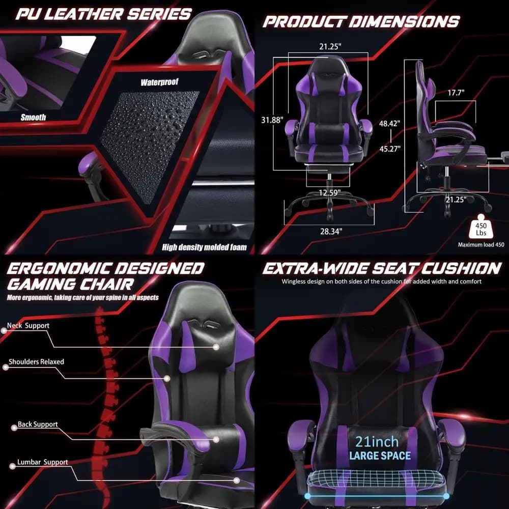 Sedia da gaming ergonomica regolabile in altezza con ruote, sedia da ufficio girevole, viola per uso domestico e in ufficio