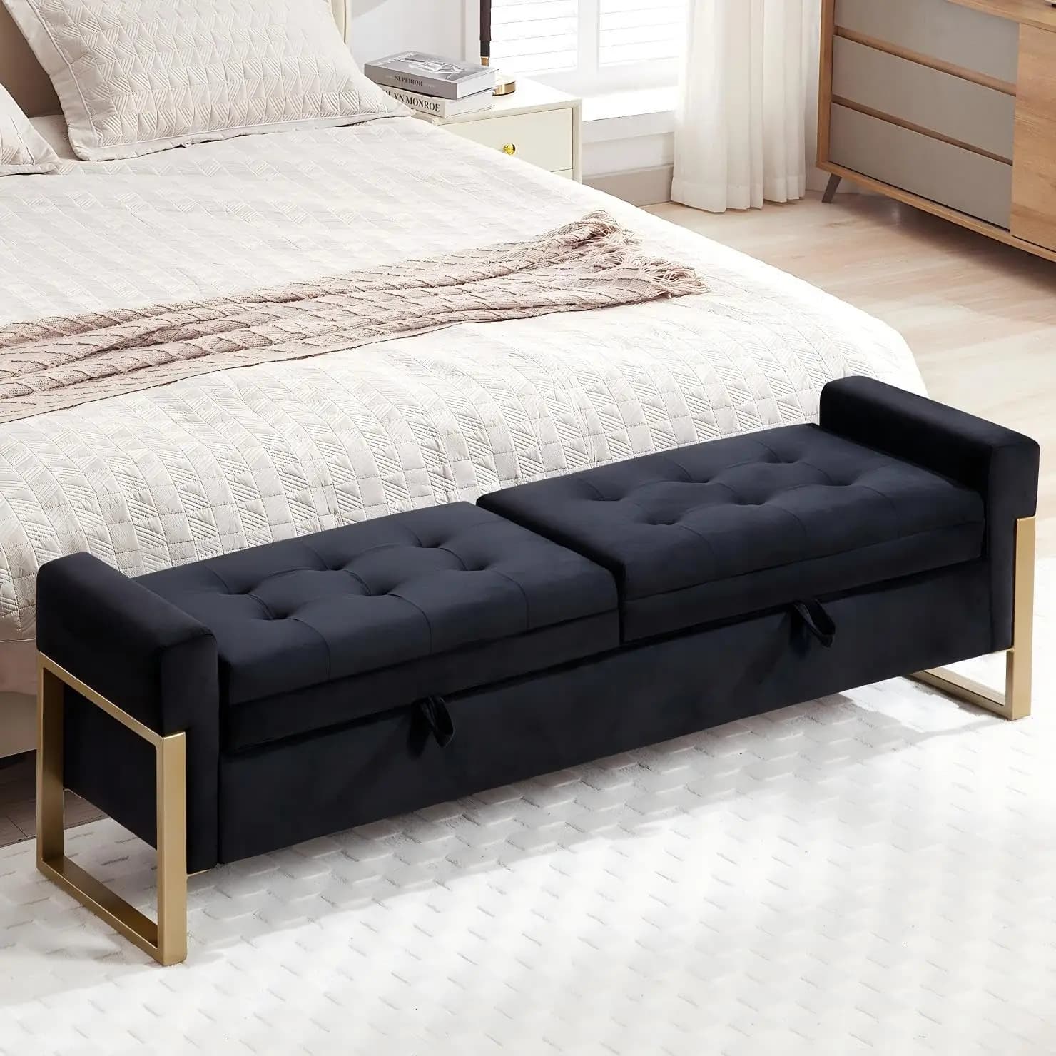 67" End of Bed Storage Bench for Bedroom King Size, Double Lids Storage Ottoman Bench with Golden Legs, Velvet Bed, Customized