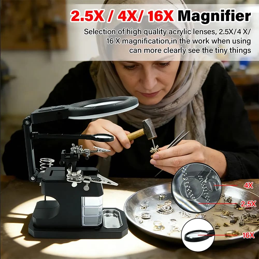 LED Light 2.5X/4X/16X Magnifying Glass Bracket, Welding Auxiliary Clip Tool for Electric Soldering Iron & Circuit Board Welding