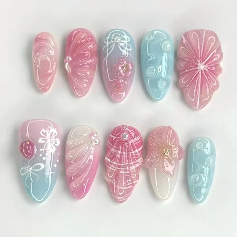 24 Pezzi Unghie Finte a Mandorla di Media Lunghezza con Design 3D a Fiori Ondulati, Punte per Unghie a Copertura Totale, Fiocco e Fragola, Unghie Finte Rimovibili