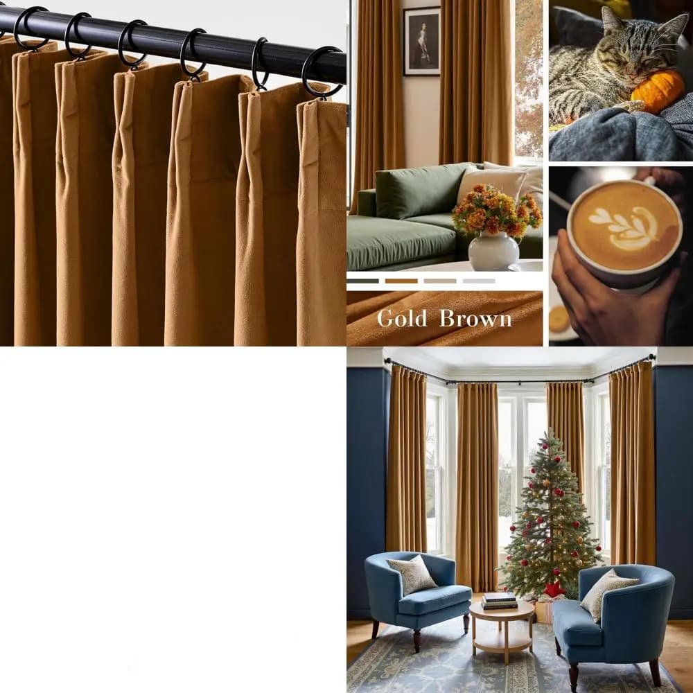 52x90 inch golden brown pleated velvet luxury curtains with back tab for room obscuring and thermal insulation