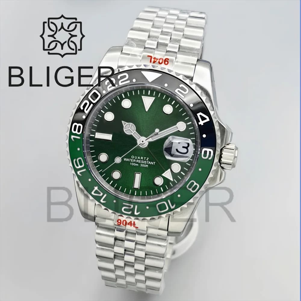 BLIGER 40mm GMT Orologi da uomo 100M Impermeabile Logo personalizzato Ceramica Vetro zaffiro Orologio da uomo automatico da lavoro in acciaio inossidabile