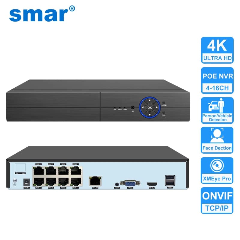 Smar 4CH/8CH 1080P 5MP 4K POE NVR H.265 Sistema di sorveglianza di rete Uscita audio per videocamera Registratore Video P2P XMEYE AI Face Detect