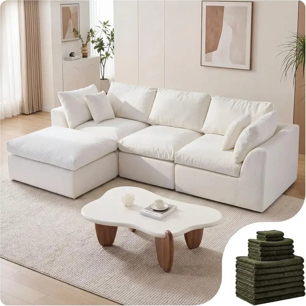108 L-Shaped Sectional Sofa with Washable Cover, Deep Seat, Ottoman, Oversized Comfort, DIY Color Refresh - White Sofa + Green C
