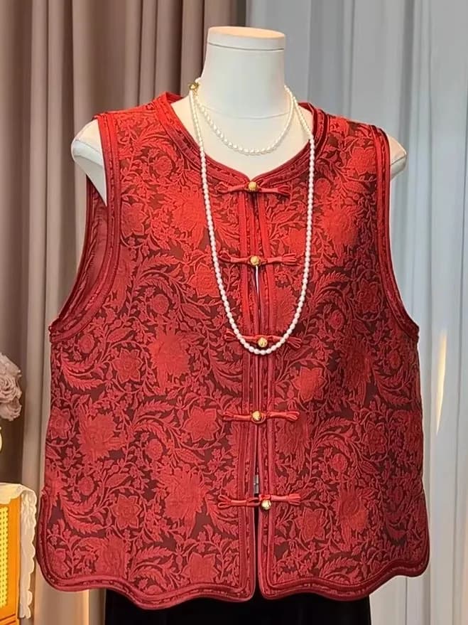 Giacca da donna rossa ricamata in nuovo stile cinese, con colletto a stoviglie piccole, spalline alla moda, stile pendolare Primavera 2026