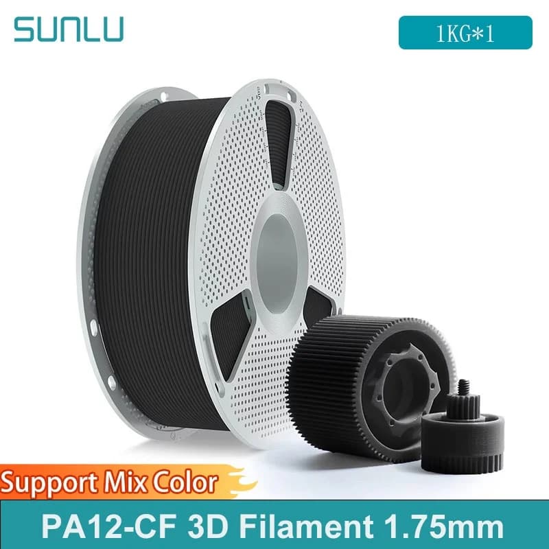 SUNLU PA12-CF Filamento 3D Filamento in nylon con struttura in fibra di carbonio da 1,75 mm per parti industriali e stampante 3D, bobina da 0,5 kg/1 kg