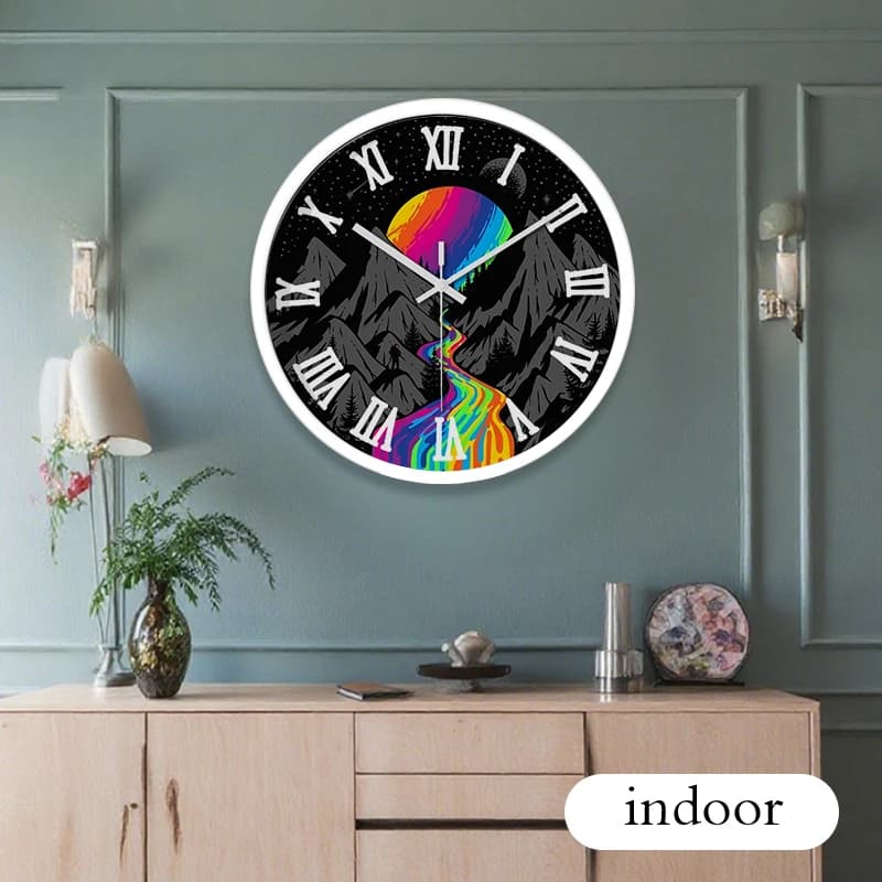 Round silent suspended wall clock with mountain waterfall, suitable for living room, school, study room, bedroom, children's gifts