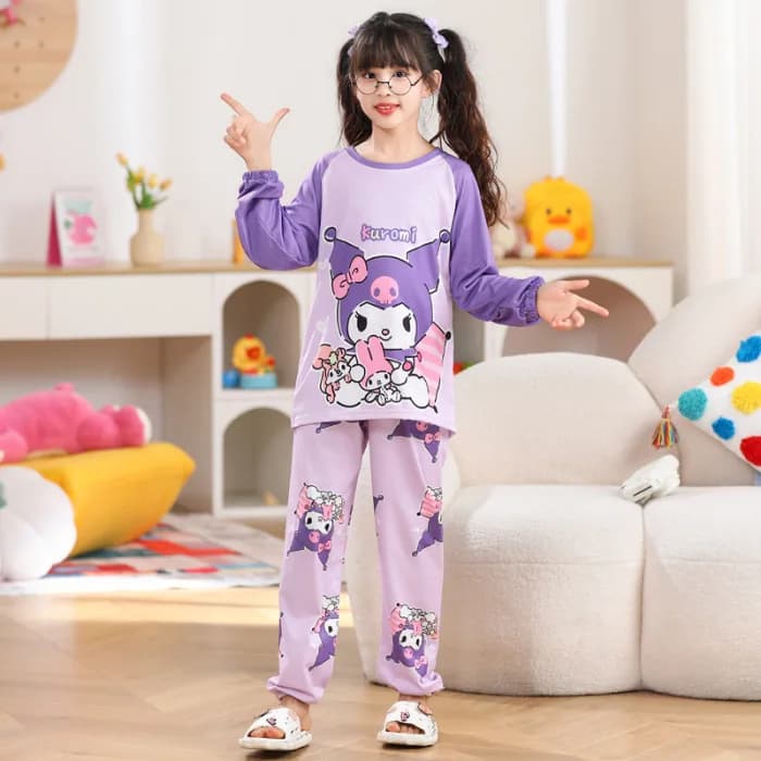 Pigiama per Bambine Primavera-Autunno, Imitazione Cotone a Maniche Lunghe, Stile Cartone Animato Carino