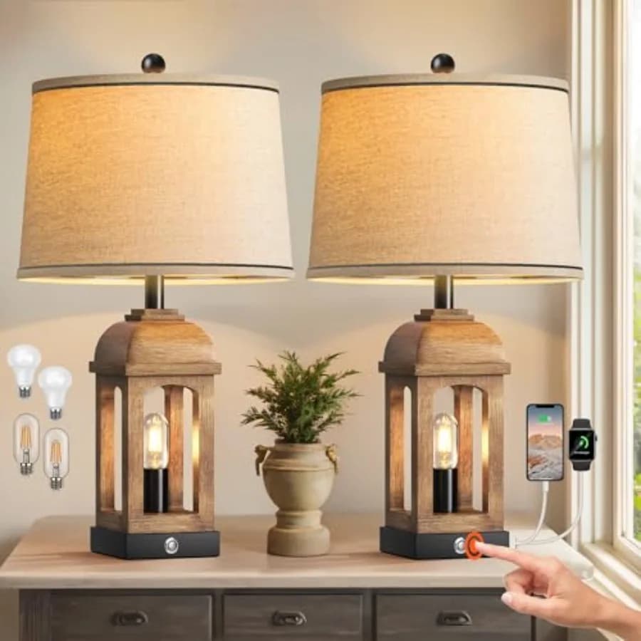 Lampada da Tavolo per Soggiorno, Lampade Stile Fattoria con USB A+C e Luce Notturna, Lampade da Comodino Rustiche da 26 Pollici con Controllo Touch Dimmerabile a 3 Vie