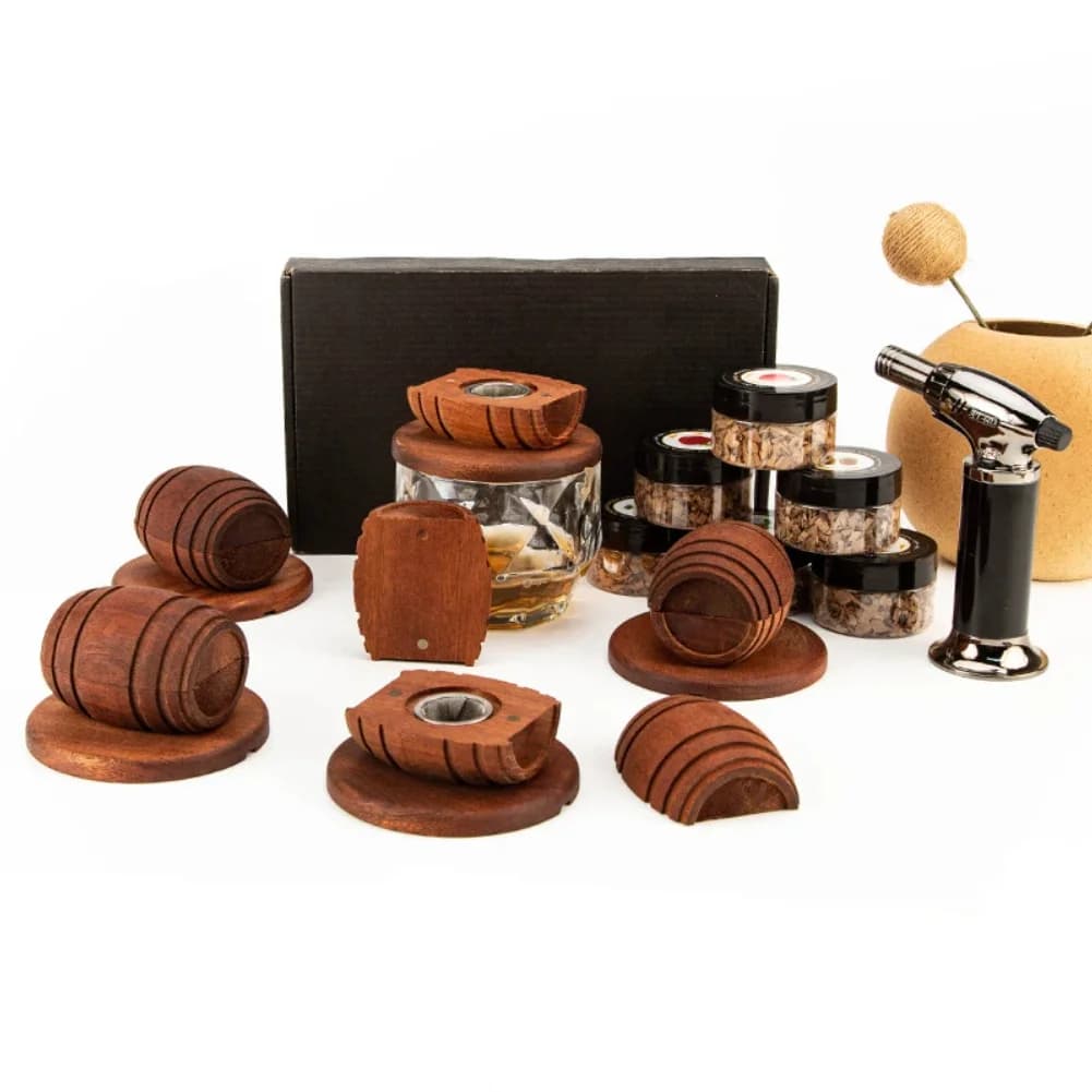 Set per affumicatore a botte da cocktail Fumatore con cappuccio in legno con trucioli di legno a 4 sapori Abiti multi-stile per bar di whisky Fumatore di bevande vecchio stile