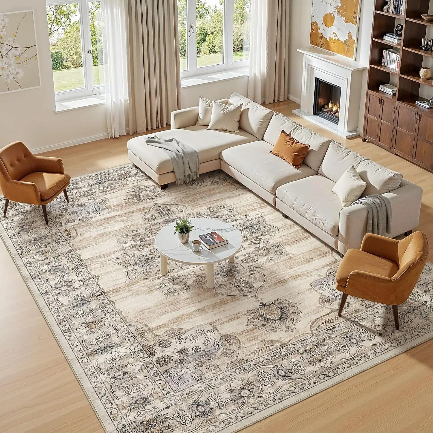 Ultra Soft Washable 5x7 Area Rug - Non-Slip, Stain Resistant, Vintage Beige Carpet for Living Room, Bedroom, Home Office, Kid & Pet Friendly