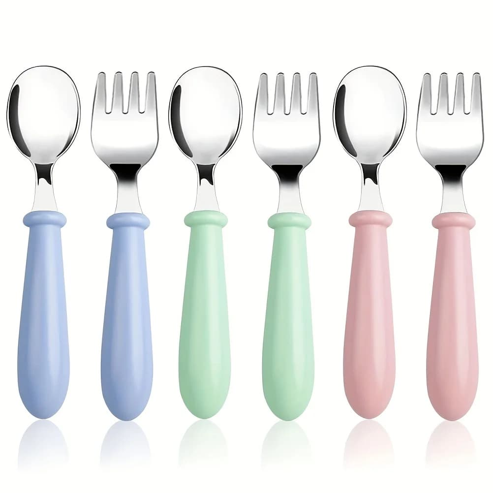 6 pezzi utensili per bambini forchetta e cucchiaio in acciaio inossidabile set di posate per bambini sicuro, utensili sicuri per bambini posate per bambini taglienti per bambini