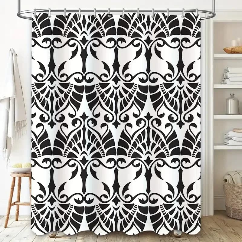 Elegante tenda da doccia floreale bianca e nera per l'arredamento del bagno, tessuto impermeabile con ganci (60x72)
