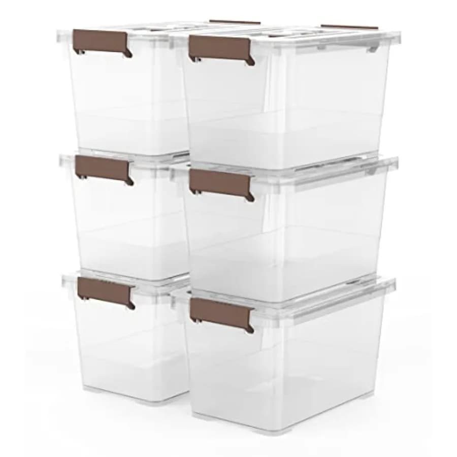6-Pack Clear 7 Quart Storage Latch Box/Bins Plastic Stackable Latching Box with Brown Handle and Lid Multi-Purpose 7 Litre